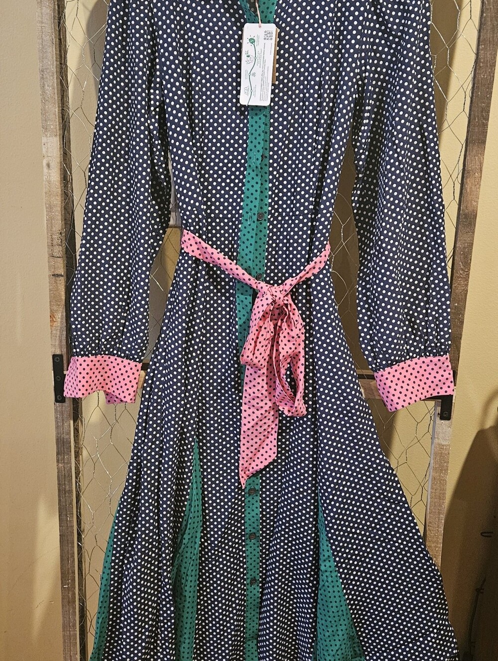 Boden Navy Polka Dot Nightgown with Pink Belt and Green Trim - Picture 1 of 3
